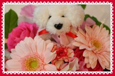 犬のマスコット入りアレンジ♬｜「アライ花店」　（山形県山形市の花キューピット加盟店 花屋）のブログ