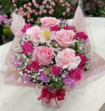 結婚記念日 お祝い ピンク系アレンジメント♪｜「愛花」　（愛媛県松山市の花キューピット加盟店 花屋）のブログ